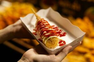 straat voedsel gebakken maïs hond , gehavend worst met mayonaise, tomaat saus Aan papier bord houden in hand- foto