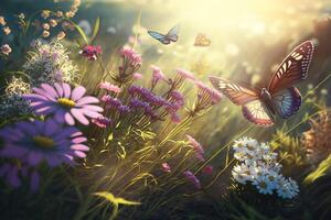 mooi vlinders over- Woud gekleurde bloemen met een wazig achtergrond. ai gegenereerd. foto