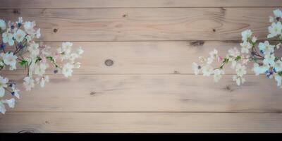 een houten tafel met een bloemrijk achtergrond ai gegenereerd foto