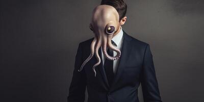 een Mens in een pak met een Octopus hoofd ai gegenereerd foto