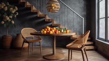 fruit Aan een luxe dining tafel in midden in de eeuw retro stijl met rieten stoelen. ai generatief foto