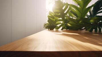 leeg houten tafel met tropisch bladeren in gevlekt zonlicht met schaduwen Aan wit muur. generatief ai foto