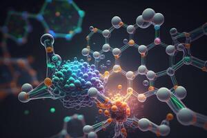 3d renderen van een dna molecuul model, wetenschap achtergrond met moleculen en atomen in laboratorium, medisch wetenschap en biotechnologie. ai generatief foto