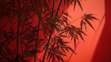tropisch Chinese bamboe bomen met gevlekt zonlicht, blad schaduw Aan rood muur, kopiëren ruimte. ai gegenereerd foto