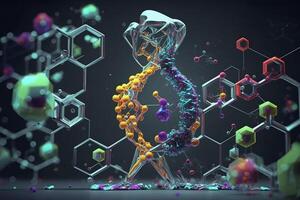 3d renderen van een dna molecuul model, wetenschap achtergrond met moleculen en atomen in laboratorium, medisch wetenschap en biotechnologie. ai generatief foto