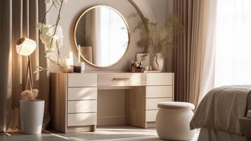 minimalistische modern beige dressing tafel met ronde spiegel. ai gegenereerd foto