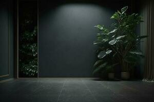 donker muur leeg kamer met planten Aan een verdieping ai gegenereerd foto