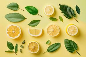 zomer samenstelling gemaakt van citroen en groen bladeren Aan pastel geel achtergrond. fruit minimaal concept. vlak leggen, top visie ai gegenereerd foto