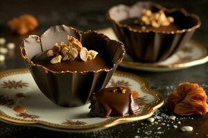 chocola cups met gezouten karamel en noten ai gegenereerd foto