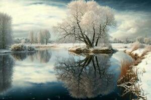 winter landschap met mooi reflectie in de water ai gegenereerd foto