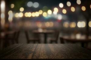 leeg donker houten tafel in voorkant van abstract wazig bokeh achtergrond van restaurant ai gegenereerd foto