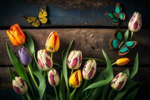 Pasen achtergrond. kleurrijk voorjaar tulpen met vlinders en geschilderd eieren Aan wijnoogst houten bord ai gegenereerd foto