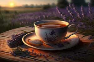 kop van thee met lavendel bloemen Aan een houten tafel ai gegenereerd foto