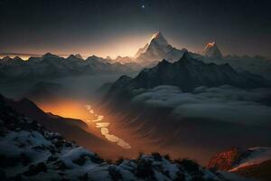 visie van de Himalaya gedurende een mistig zonsondergang nacht ai gegenereerd foto