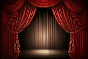 magie theater stadium rood gordijnen tonen spotlight ai gegenereerd foto
