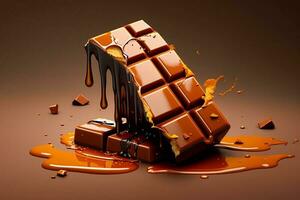 gebroken chocola bar met karamel vulling ai gegenereerd foto
