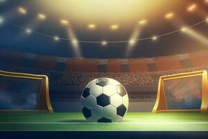 sport achtergronden. 3d illustratie van de voetbal stadion met bal en metaal schilden ai gegenereerd foto