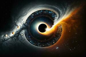 zwart gat met zwaartekracht lens effect in voorkant van helder sterren ai gegenereerd foto