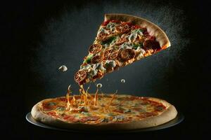 levitatie pizza Aan zwart achtergrond ai gegenereerd foto