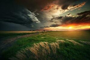 mooi zonsondergang met dramatisch wolken over- met gras begroeid veld- ai gegenereerd foto