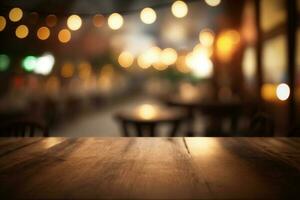 leeg hout tafel en wazig bokeh cafe licht achtergrond ai gegenereerd foto