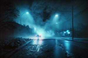 asfalt blauw donker straat met rook. stralen, schijnwerpers neon licht ai gegenereerd foto