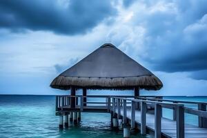 antenne visie van Maldiven eiland, luxe water villa's toevlucht en houten pier. neurale netwerk ai gegenereerd foto