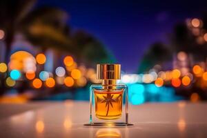 parfum fles Aan de achtergrond van de nacht neon stad. neurale netwerk ai gegenereerd foto