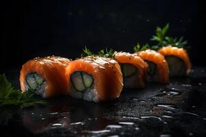 sushi rollen met Zalm en garnaal tempura. neurale netwerk ai gegenereerd foto