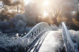 visie Aan mooi park in lente met zwervend wit brug. neurale netwerk ai gegenereerd foto