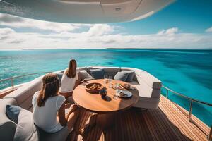 mooi vrouw genieten van luxueus jacht cruise, zee reizen door luxe boot. neurale netwerk ai gegenereerd foto