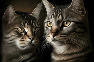 portret van twee huiselijk katten met gestreept vacht buitenshuis met donker achtergrond. neurale netwerk gegenereerd kunst foto