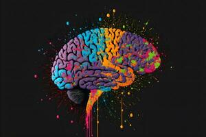 menselijk hersenen in kleurrijk spatten Aan zwart achtergrond. neurale netwerk gegenereerd kunst foto