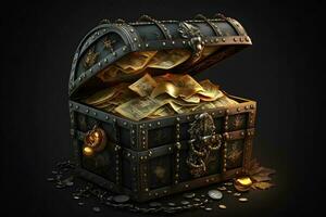 Open schat borst gevulde met goud munten en duur piraten buit Aan zwart achtergrond. neurale netwerk gegenereerd kunst foto