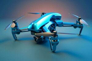 realistisch quadrocopter dar met propeller fans Aan gloeiend blauw achtergrond. neurale netwerk gegenereerd kunst foto