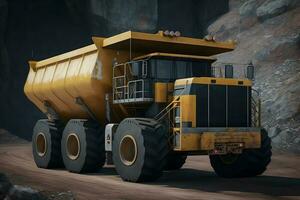 Open pit de mijne, extractief industrie voor steenkool. groot geel mijnbouw vrachtauto machinerie voor steenkool groeve. neurale netwerk gegenereerd kunst foto