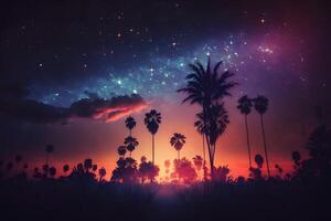 fantasie futuristische nacht landschap met palm bomen. neurale netwerk ai gegenereerd kunst foto