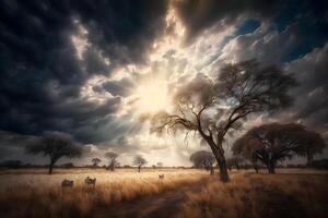 zonsopkomst over- de savanne en gras velden in zuiden Afrika met bewolkt lucht. neurale netwerk ai gegenereerd foto
