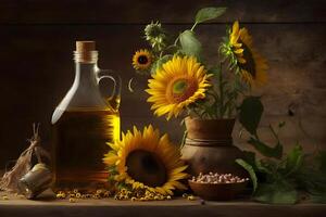 landelijk nog steeds leven zonnebloem olie in fles met bloemen van zonnebloem helianthus annuus in donker licht. neurale netwerk ai gegenereerd foto