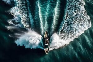 boot drijft in de zee, top visie. neurale netwerk ai gegenereerd foto