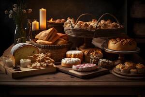 bakkerij Product assortiment met brood broden, broodjes, broodjes en Deens gebakjes. neurale netwerk ai gegenereerd foto