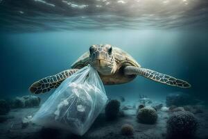 onderwater- concept van globaal probleem met plastic onzin drijvend in de oceanen. karetschildpad schildpad in onderschrift van plastic tas. neurale netwerk ai gegenereerd foto