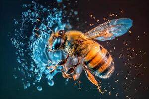 honing bij met water druppels detailopname. neurale netwerk ai gegenereerd foto