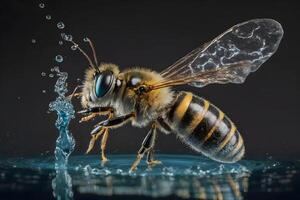 honing bij met water druppels detailopname. neurale netwerk ai gegenereerd foto