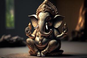 generatief ai Aan standbeeld van heer ganesha , ganesha festival. Hindoe religie en Indisch viering van diwali festival concept Aan donker, rood, geel achtergrond en kopiëren ruimte foto