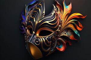 feestelijk carnaval masker met rijk decoratie, attributen van de braziliaans carnaval. Venetiaanse carnaval masker en kralen decoratie. mardi gras achtergrond. generatief ai foto