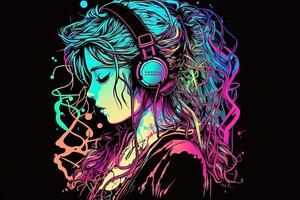 generatief ai een neon gamer anime mode jongen of Mens vervelend koptelefoon, verloren in zijn muziek. abstract achtergrond dat roept op de gevoel van verschillend genres van muziek. banier muziek- concept foto