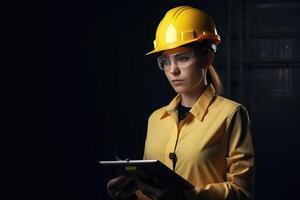 een menselijk ingenieur in een geel helm en bril Bij de onderneming analyses de werk door een tablet, generatief ai. foto