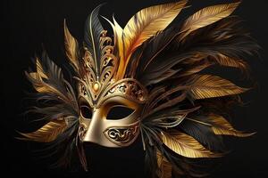 Venetiaanse carnaval masker. goud kleur, gekleurde veren. gelukkig carnaval festival, attributen van de braziliaans carnaval. Venetiaanse carnaval masker en kralen decoratie. mardi gras achtergrond. generatief ai foto