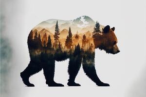 dubbele blootstelling generatief ai van een beer en oerwoud Aan wit achtergrond. camping concept. wijnoogst grizzly voor t-shirt ontwerp, sticker, poster, en behang. avontuur beer illustratie foto